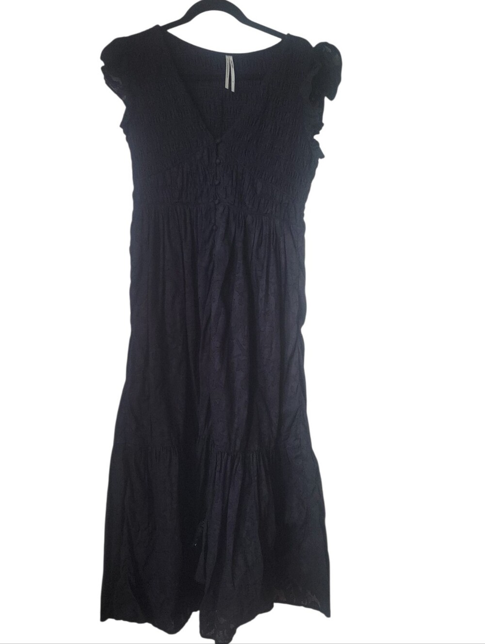 Anthropologie Black Maxi Dress w/Fluttery Cap Sleeve Tiered Button Front Skirt - Picture 10 of 12